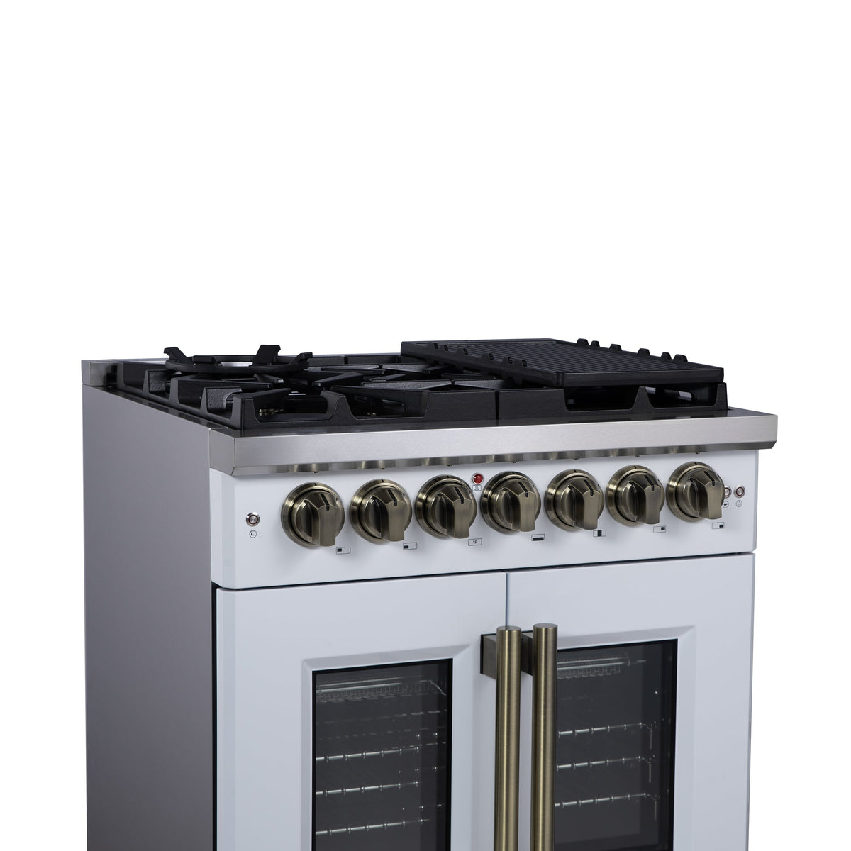 Forno Capriasca 30-Inch Freestanding Dual Fuel Range, 4.32 cu. ft. Oven, 5 Sealed Brass Burners, French Door, White with Antique Brass Accents (Model FFSGS6387-30WHT)