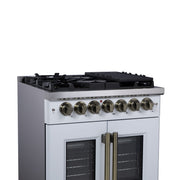 Forno Capriasca 30-Inch Freestanding Dual Fuel Range, 4.32 cu. ft. Oven, 5 Sealed Brass Burners, French Door, White with Antique Brass Accents (Model FFSGS6387-30WHT)