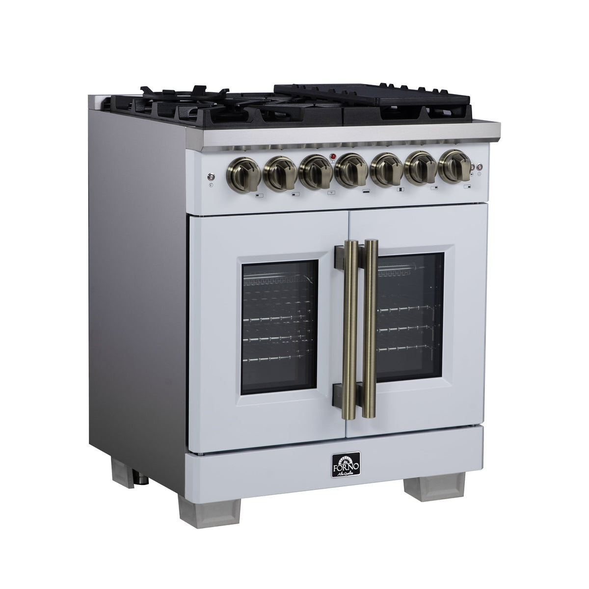 Forno Capriasca 30-Inch Freestanding Dual Fuel Range, 4.32 cu. ft. Oven, 5 Sealed Brass Burners, French Door, White with Antique Brass Accents (Model FFSGS6387-30WHT)