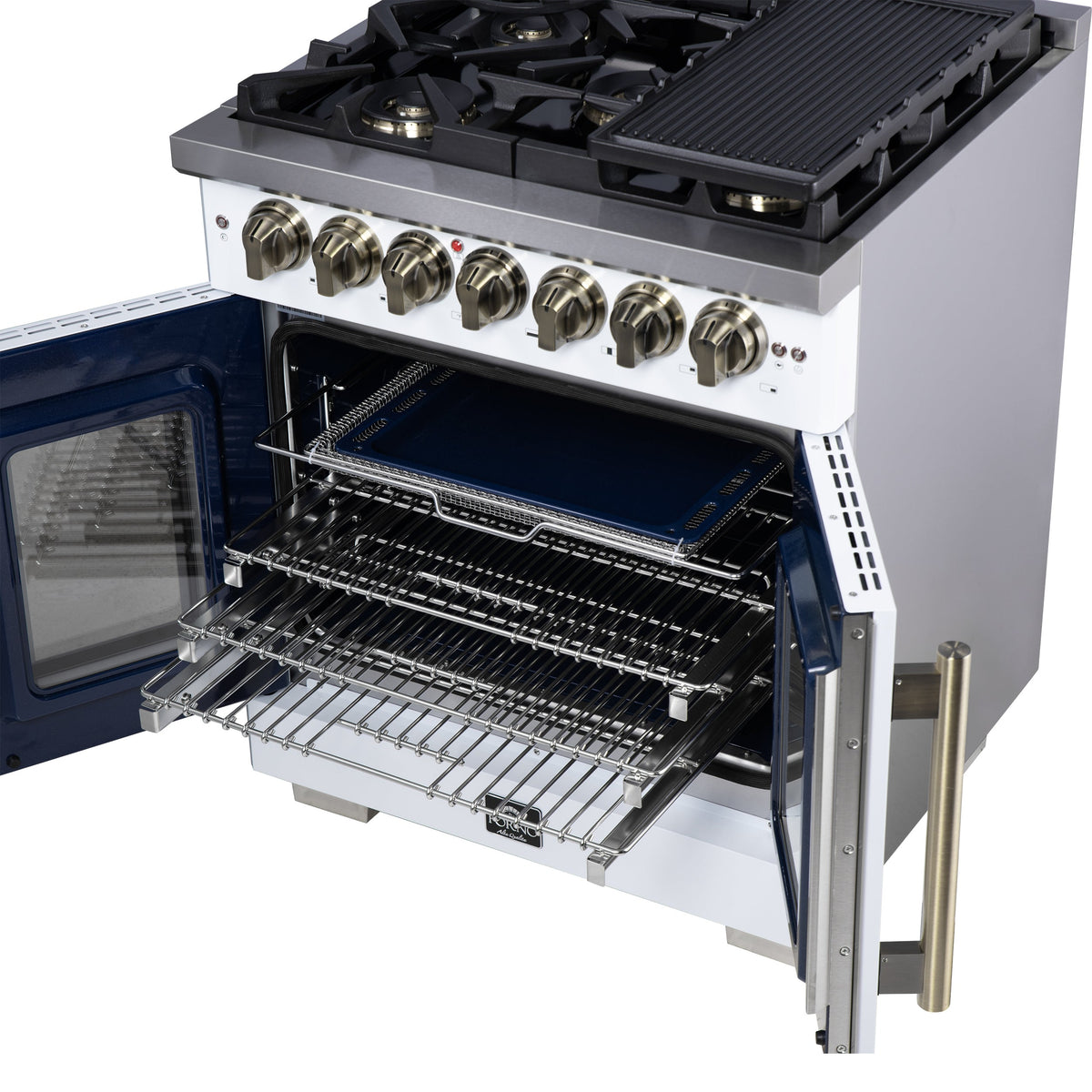 Forno Capriasca 30-Inch Freestanding Dual Fuel Range, 4.32 cu. ft. Oven, 5 Sealed Brass Burners, French Door, White with Antique Brass Accents (Model FFSGS6387-30WHT)