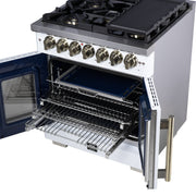 Forno Capriasca 30-Inch Freestanding Dual Fuel Range, 4.32 cu. ft. Oven, 5 Sealed Brass Burners, French Door, White with Antique Brass Accents (Model FFSGS6387-30WHT)