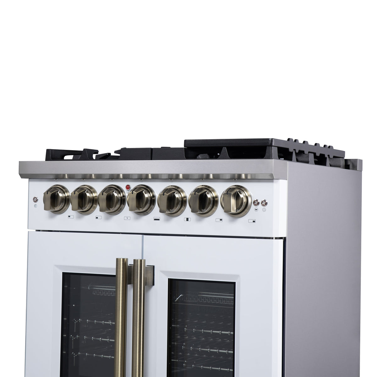Forno Capriasca 30-Inch Freestanding Dual Fuel Range, 4.32 cu. ft. Oven, 5 Sealed Brass Burners, French Door, White with Antique Brass Accents (Model FFSGS6387-30WHT)