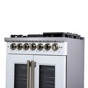 Forno Capriasca 30-Inch Freestanding Dual Fuel Range, 4.32 cu. ft. Oven, 5 Sealed Brass Burners, French Door, White with Antique Brass Accents (Model FFSGS6387-30WHT)