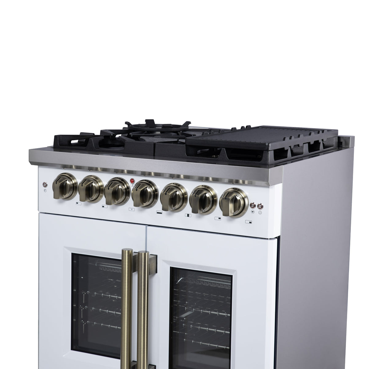 Forno Capriasca 30-Inch Freestanding Dual Fuel Range, 4.32 cu. ft. Oven, 5 Sealed Brass Burners, French Door, White with Antique Brass Accents (Model FFSGS6387-30WHT)