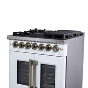 Forno Capriasca 30-Inch Freestanding Dual Fuel Range, 4.32 cu. ft. Oven, 5 Sealed Brass Burners, French Door, White with Antique Brass Accents (Model FFSGS6387-30WHT)