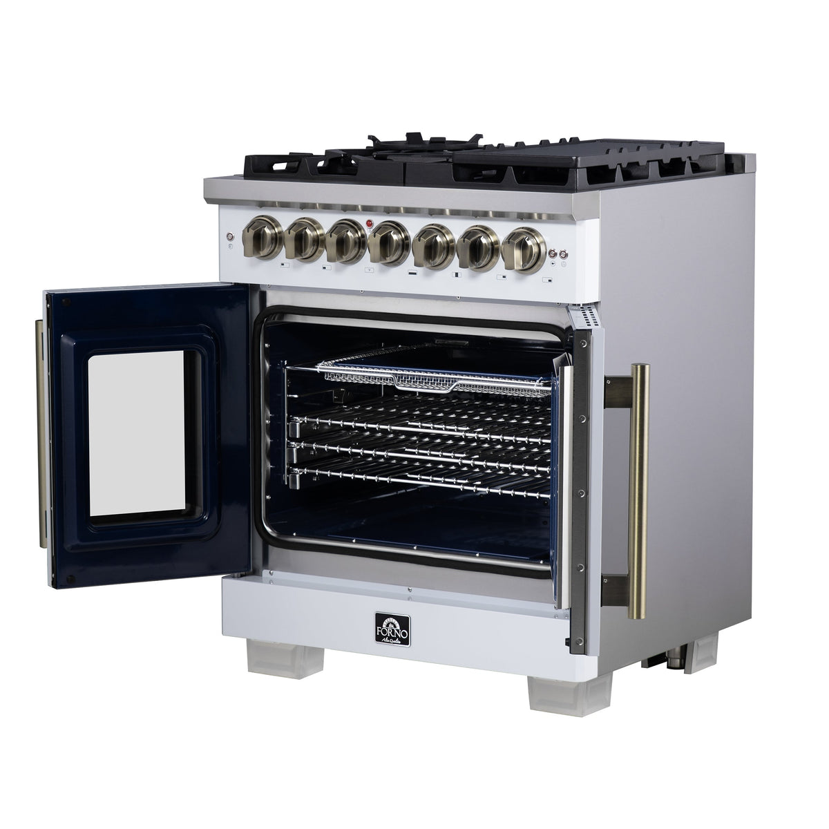 Forno Capriasca 30-Inch Freestanding Dual Fuel Range, 4.32 cu. ft. Oven, 5 Sealed Brass Burners, French Door, White with Antique Brass Accents (Model FFSGS6387-30WHT)