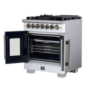 Forno Capriasca 30-Inch Freestanding Dual Fuel Range, 4.32 cu. ft. Oven, 5 Sealed Brass Burners, French Door, White with Antique Brass Accents (Model FFSGS6387-30WHT)