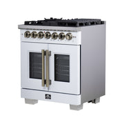Forno Capriasca 30-Inch Freestanding Dual Fuel Range, 4.32 cu. ft. Oven, 5 Sealed Brass Burners, French Door, White with Antique Brass Accents (Model FFSGS6387-30WHT)