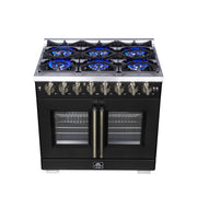 Forno Capriasca 36-Inch Dual Fuel Range, 5.36 Cu. Ft., 6 Sealed Brass Burners, Black with Antique Brass Accents, FFSGS6387-36BLK