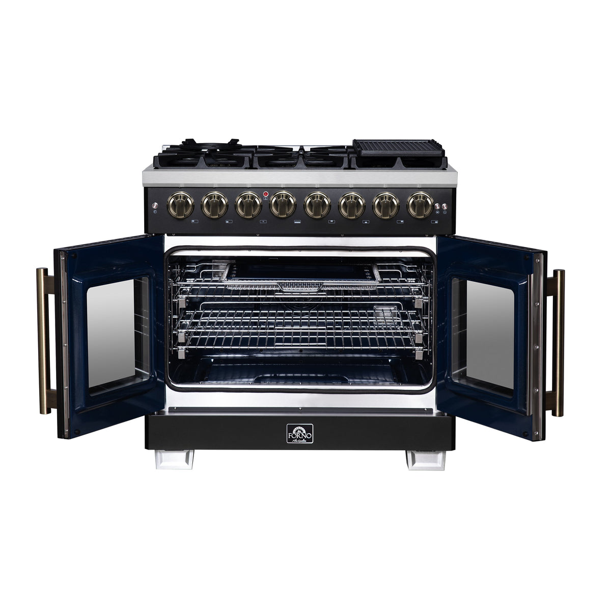 Forno Capriasca 36-Inch Dual Fuel Range, 5.36 Cu. Ft., 6 Sealed Brass Burners, Black with Antique Brass Accents, FFSGS6387-36BLK