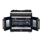 Forno Capriasca 36-Inch Dual Fuel Range, 5.36 Cu. Ft., 6 Sealed Brass Burners, Black with Antique Brass Accents, FFSGS6387-36BLK
