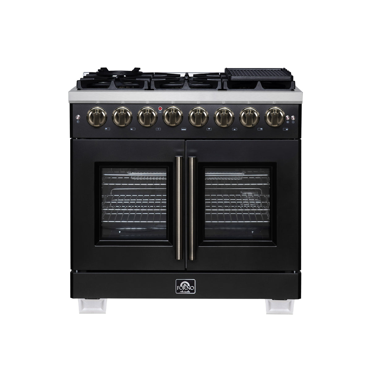 Forno Capriasca 36-Inch Dual Fuel Range, 5.36 Cu. Ft., 6 Sealed Brass Burners, Black with Antique Brass Accents, FFSGS6387-36BLK