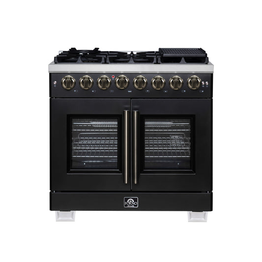 Forno Capriasca 36-Inch Dual Fuel Range, 5.36 Cu. Ft., 6 Sealed Brass Burners, Black with Antique Brass Accents, FFSGS6387-36BLK