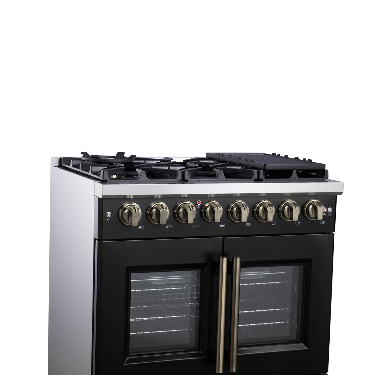 Forno Capriasca 36-Inch Dual Fuel Range, 5.36 Cu. Ft., 6 Sealed Brass Burners, Black with Antique Brass Accents, FFSGS6387-36BLK