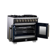 Forno Capriasca 36-Inch Dual Fuel Range, 5.36 Cu. Ft., 6 Sealed Brass Burners, Black with Antique Brass Accents, FFSGS6387-36BLK