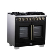Forno Capriasca 36-Inch Dual Fuel Range, 5.36 Cu. Ft., 6 Sealed Brass Burners, Black with Antique Brass Accents, FFSGS6387-36BLK