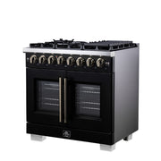 Forno Capriasca 36-Inch Dual Fuel Range, 5.36 Cu. Ft., 6 Sealed Brass Burners, Black with Antique Brass Accents, FFSGS6387-36BLK