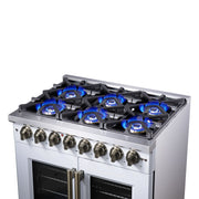 Forno Capriasca 36-Inch Dual Fuel Freestanding Range, 5.36 cu. ft. Oven, 6 Sealed Brass Burners, Air Fry Basket, Rotisserie Kit, Wok Ring & Griddle, White with Antique Brass Acccents (FFSGS6387-36WHT)