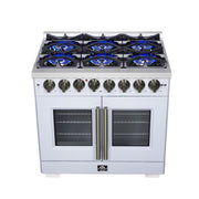 Forno Capriasca 36-Inch Dual Fuel Freestanding Range, 5.36 cu. ft. Oven, 6 Sealed Brass Burners, Air Fry Basket, Rotisserie Kit, Wok Ring & Griddle, White with Antique Brass Acccents (FFSGS6387-36WHT)