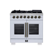 Forno Capriasca 36-Inch Dual Fuel Freestanding Range, 5.36 cu. ft. Oven, 6 Sealed Brass Burners, Air Fry Basket, Rotisserie Kit, Wok Ring & Griddle, White with Antique Brass Acccents (FFSGS6387-36WHT)