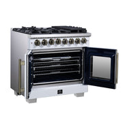 Forno Capriasca 36-Inch Dual Fuel Freestanding Range, 5.36 cu. ft. Oven, 6 Sealed Brass Burners, Air Fry Basket, Rotisserie Kit, Wok Ring & Griddle, White with Antique Brass Acccents (FFSGS6387-36WHT)