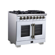 Forno Capriasca 36-Inch Dual Fuel Freestanding Range, 5.36 cu. ft. Oven, 6 Sealed Brass Burners, Air Fry Basket, Rotisserie Kit, Wok Ring & Griddle, White with Antique Brass Acccents (FFSGS6387-36WHT)