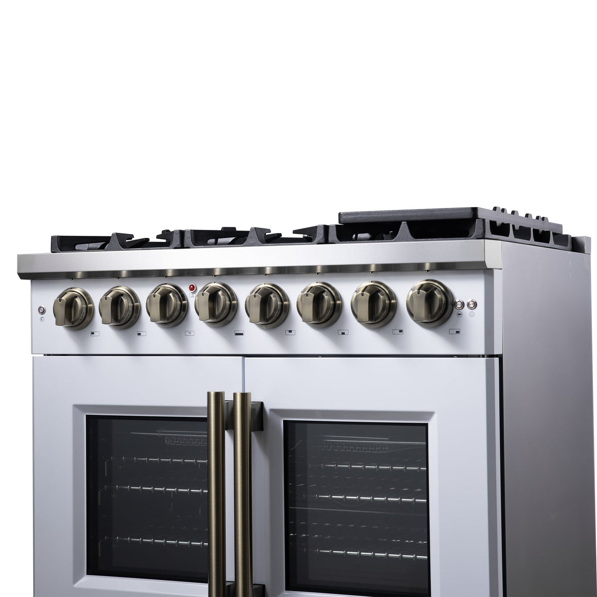 Forno Capriasca 36-Inch Dual Fuel Freestanding Range, 5.36 cu. ft. Oven, 6 Sealed Brass Burners, Air Fry Basket, Rotisserie Kit, Wok Ring & Griddle, White with Antique Brass Acccents (FFSGS6387-36WHT)