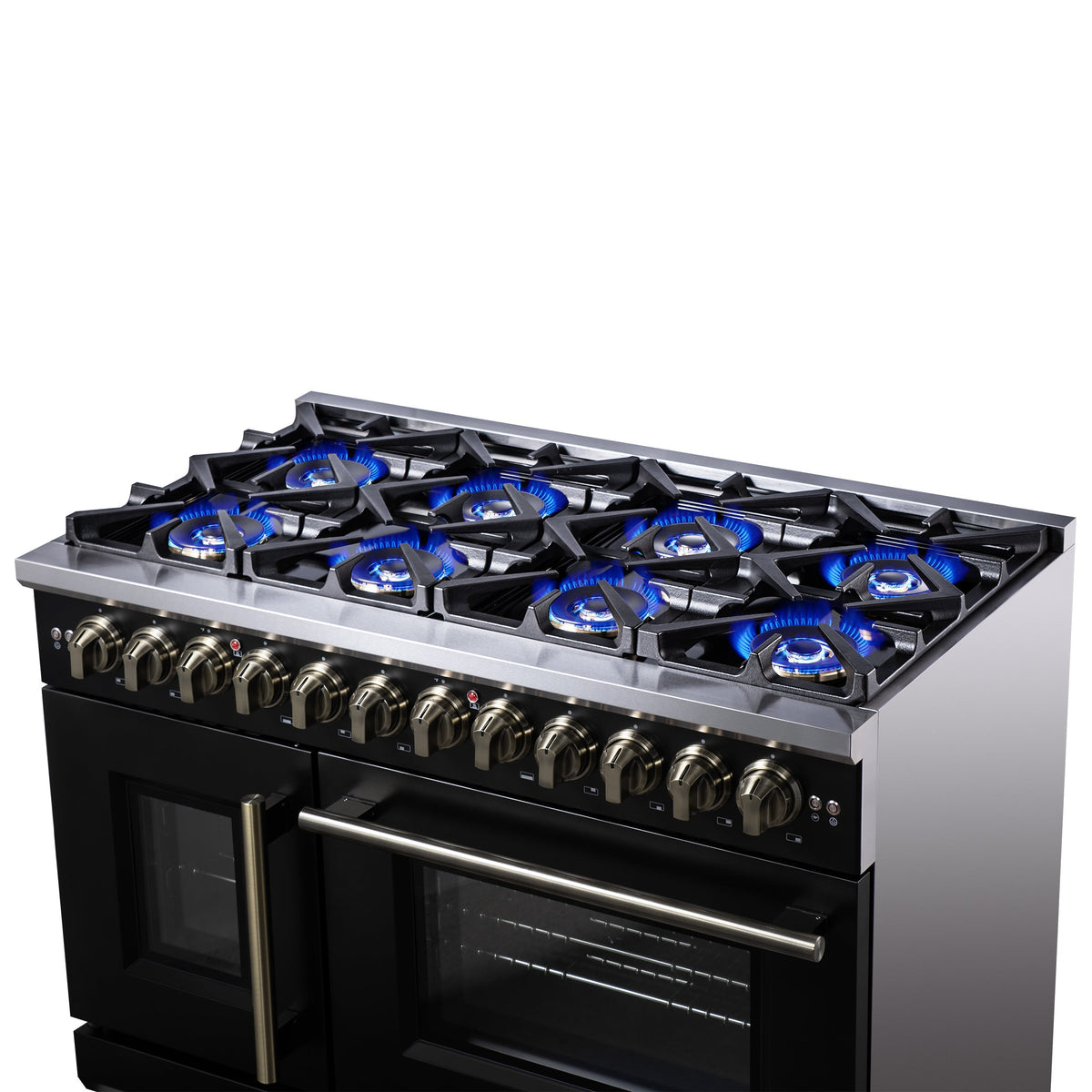 Forno Capriasca 48-Inch Dual Fuel Range, 6.58 cu. ft. Oven, 8 Sealed Brass Burners, Air Fryer Kit, Rotisserie Kit, Wok Ring & Griddle, Black with Antique Brass Accents (FFSGS6387-48BLK)