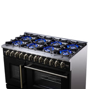 Forno Capriasca 48-Inch Dual Fuel Range, 6.58 cu. ft. Oven, 8 Sealed Brass Burners, Air Fryer Kit, Rotisserie Kit, Wok Ring & Griddle, Black with Antique Brass Accents (FFSGS6387-48BLK)