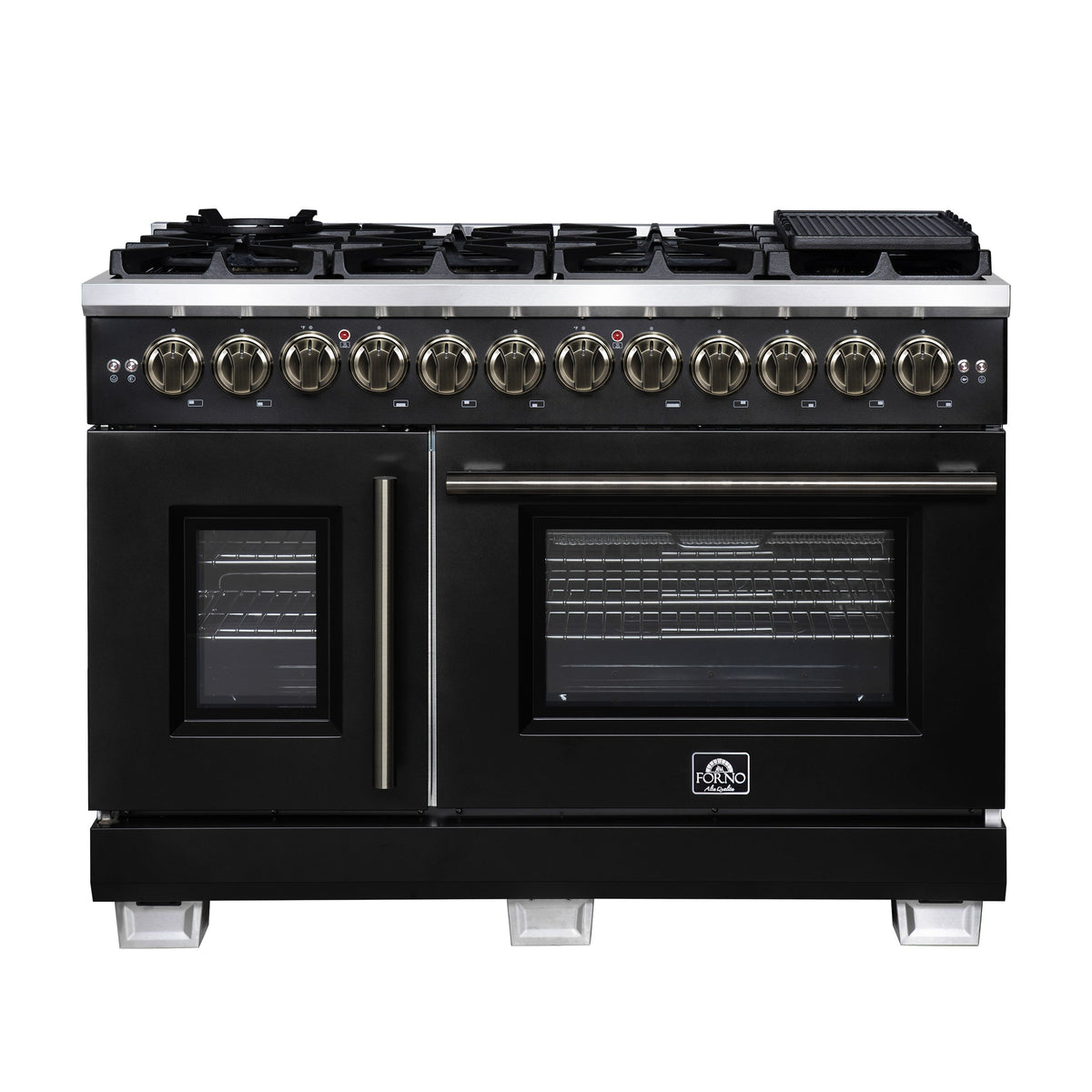 Forno Capriasca 48-Inch Dual Fuel Range, 6.58 cu. ft. Oven, 8 Sealed Brass Burners, Air Fryer Kit, Rotisserie Kit, Wok Ring & Griddle, Black with Antique Brass Accents (FFSGS6387-48BLK)