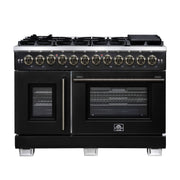 Forno Capriasca 48-Inch Dual Fuel Range, 6.58 cu. ft. Oven, 8 Sealed Brass Burners, Air Fryer Kit, Rotisserie Kit, Wok Ring & Griddle, Black with Antique Brass Accents (FFSGS6387-48BLK)