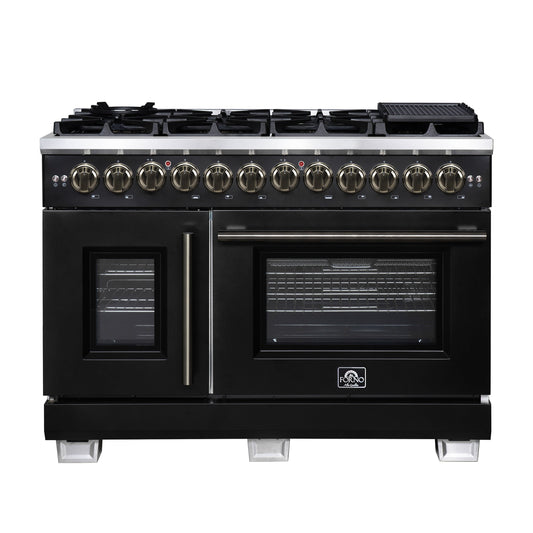Forno Capriasca 48-Inch Dual Fuel Range, 6.58 cu. ft. Oven, 8 Sealed Brass Burners, Air Fryer Kit, Rotisserie Kit, Wok Ring & Griddle, Black with Antique Brass Accents (FFSGS6387-48BLK)