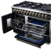 Forno Capriasca 48-Inch Dual Fuel Range, 6.58 cu. ft. Oven, 8 Sealed Brass Burners, Air Fryer Kit, Rotisserie Kit, Wok Ring & Griddle, Black with Antique Brass Accents (FFSGS6387-48BLK)