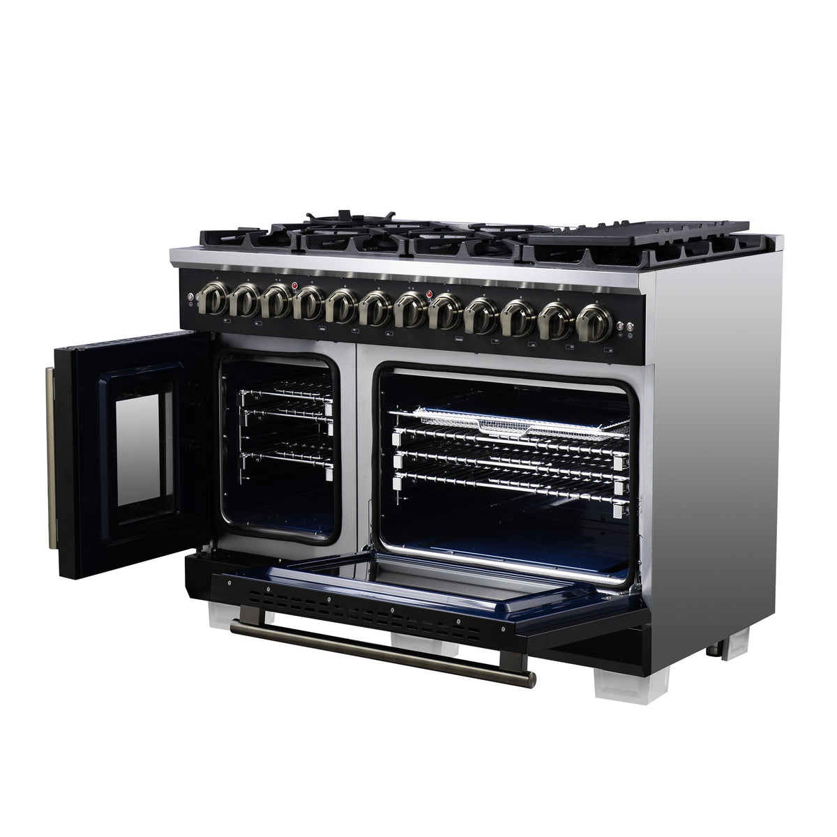 Forno Capriasca 48-Inch Dual Fuel Range, 6.58 cu. ft. Oven, 8 Sealed Brass Burners, Air Fryer Kit, Rotisserie Kit, Wok Ring & Griddle, Black with Antique Brass Accents (FFSGS6387-48BLK)
