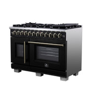 Forno Capriasca 48-Inch Dual Fuel Range, 6.58 cu. ft. Oven, 8 Sealed Brass Burners, Air Fryer Kit, Rotisserie Kit, Wok Ring & Griddle, Black with Antique Brass Accents (FFSGS6387-48BLK)