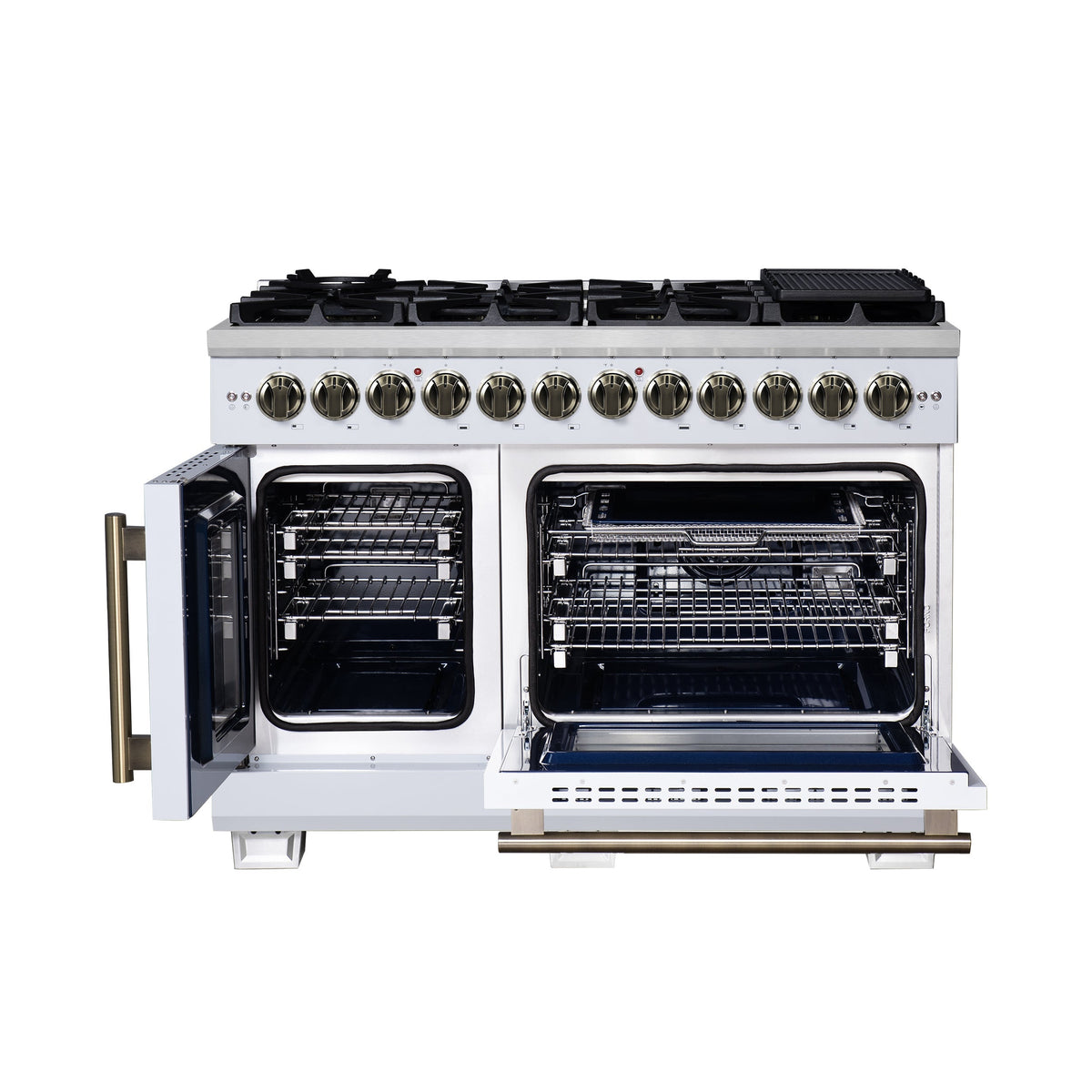 FORNO Capriasca 48-Inch Dual Fuel Range, 6.58 cu. ft. Oven, 8 Sealed Brass Burners, Air Fryer Kit, Rotisserie, Griddle, Wok Ring, White with Antique Brass Acccents (Model: FFSGS6387-48WHT)