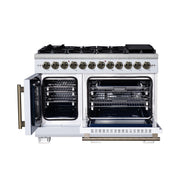 FORNO Capriasca 48-Inch Dual Fuel Range, 6.58 cu. ft. Oven, 8 Sealed Brass Burners, Air Fryer Kit, Rotisserie, Griddle, Wok Ring, White with Antique Brass Acccents (Model: FFSGS6387-48WHT)