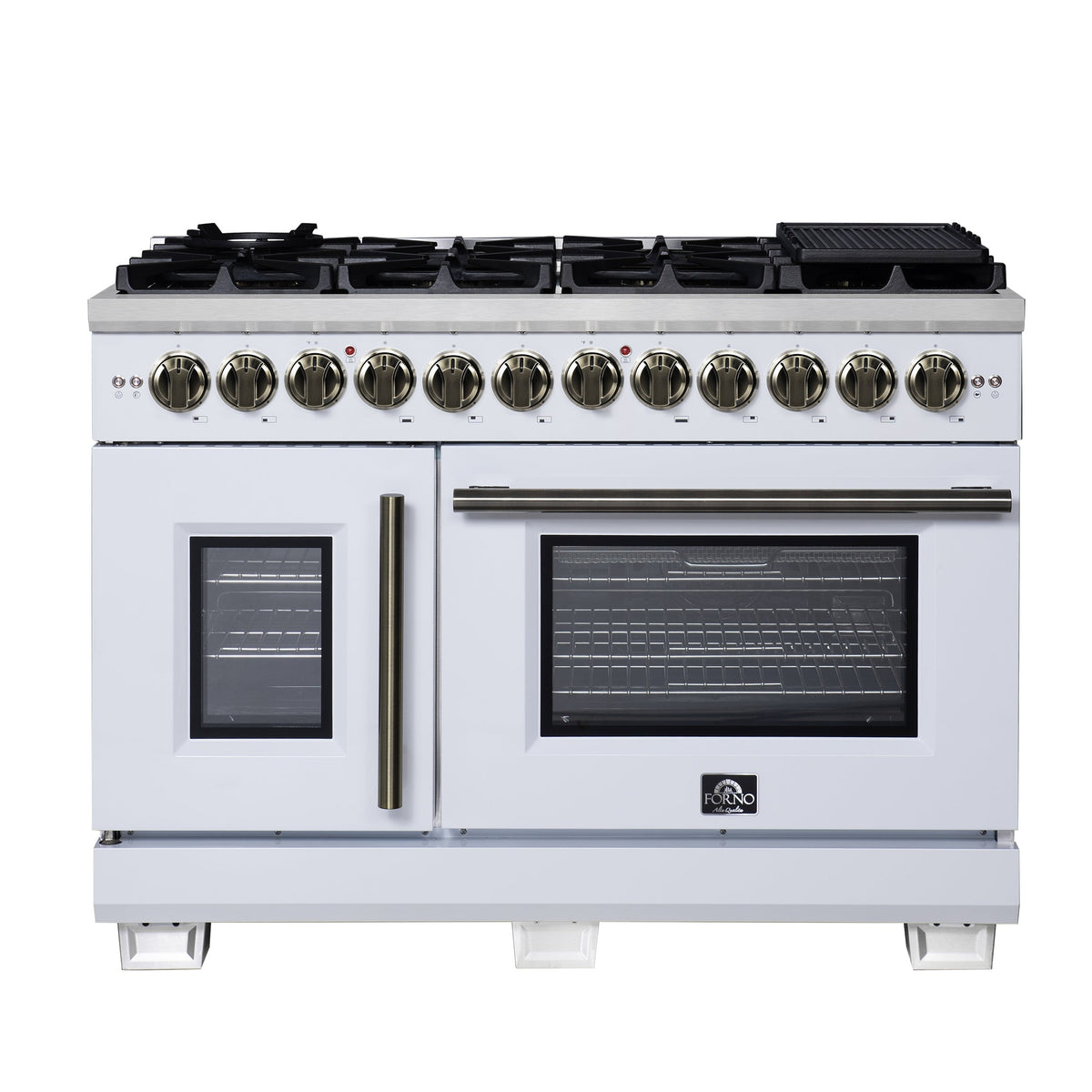 FORNO Capriasca 48-Inch Dual Fuel Range, 6.58 cu. ft. Oven, 8 Sealed Brass Burners, Air Fryer Kit, Rotisserie, Griddle, Wok Ring, White with Antique Brass Acccents (Model: FFSGS6387-48WHT)
