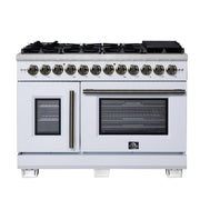 FORNO Capriasca 48-Inch Dual Fuel Range, 6.58 cu. ft. Oven, 8 Sealed Brass Burners, Air Fryer Kit, Rotisserie, Griddle, Wok Ring, White with Antique Brass Acccents (Model: FFSGS6387-48WHT)