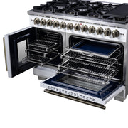 FORNO Capriasca 48-Inch Dual Fuel Range, 6.58 cu. ft. Oven, 8 Sealed Brass Burners, Air Fryer Kit, Rotisserie, Griddle, Wok Ring, White with Antique Brass Acccents (Model: FFSGS6387-48WHT)