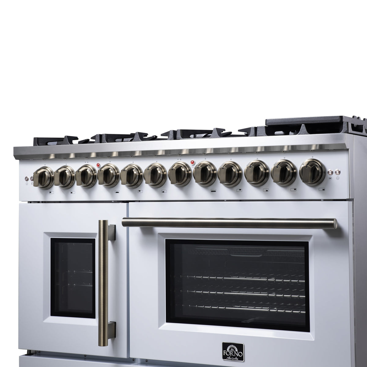 FORNO Capriasca 48-Inch Dual Fuel Range, 6.58 cu. ft. Oven, 8 Sealed Brass Burners, Air Fryer Kit, Rotisserie, Griddle, Wok Ring, White with Antique Brass Acccents (Model: FFSGS6387-48WHT)