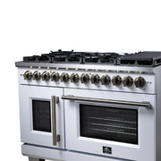 FORNO Capriasca 48-Inch Dual Fuel Range, 6.58 cu. ft. Oven, 8 Sealed Brass Burners, Air Fryer Kit, Rotisserie, Griddle, Wok Ring, White with Antique Brass Acccents (Model: FFSGS6387-48WHT)