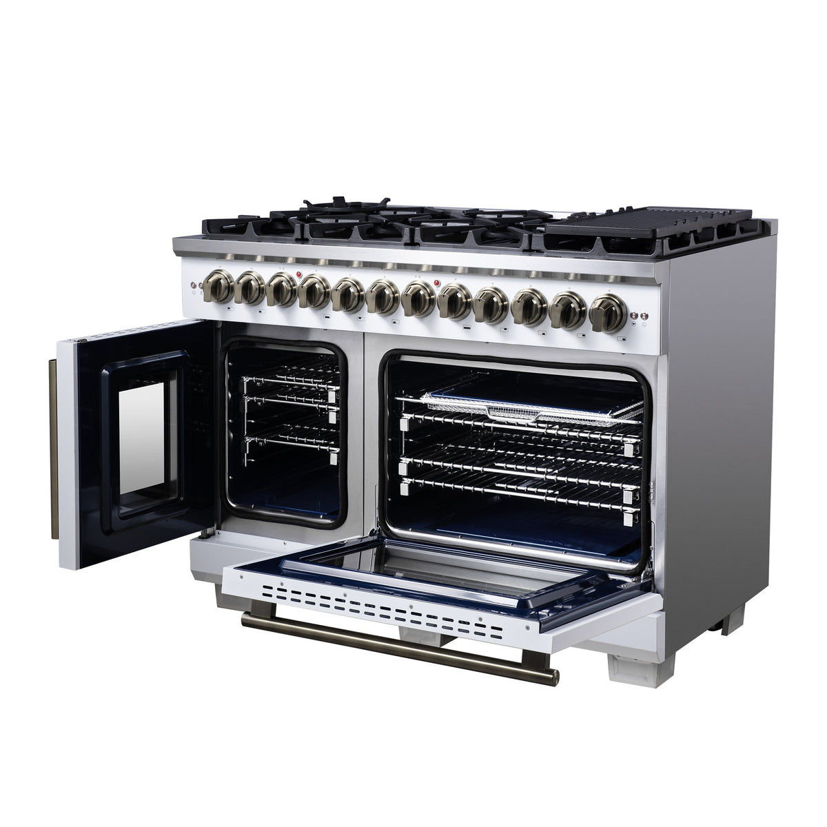 FORNO Capriasca 48-Inch Dual Fuel Range, 6.58 cu. ft. Oven, 8 Sealed Brass Burners, Air Fryer Kit, Rotisserie, Griddle, Wok Ring, White with Antique Brass Acccents (Model: FFSGS6387-48WHT)