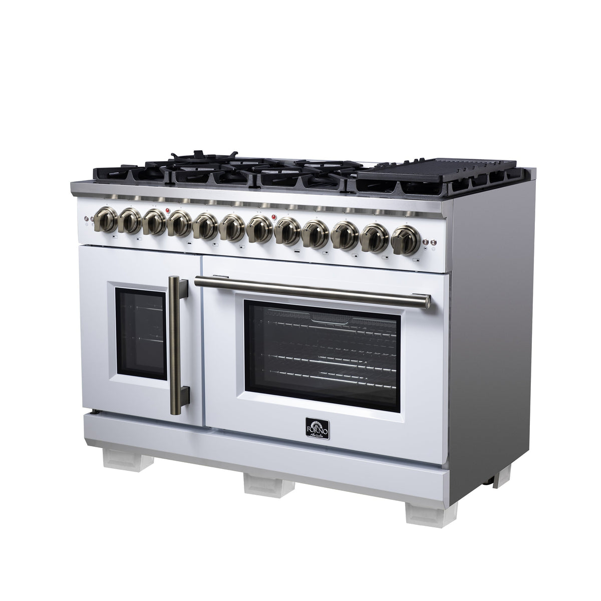 FORNO Capriasca 48-Inch Dual Fuel Range, 6.58 cu. ft. Oven, 8 Sealed Brass Burners, Air Fryer Kit, Rotisserie, Griddle, Wok Ring, White with Antique Brass Acccents (Model: FFSGS6387-48WHT)
