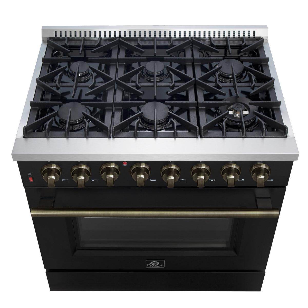 Forno Galiano 36-Inch Dual Fuel Range, 6 Sealed Brass Burners, 5.36 cu. ft. Convection Oven, Black Stainless Steel with Antique Brass Accents, Model FFSGS6156-36BLK