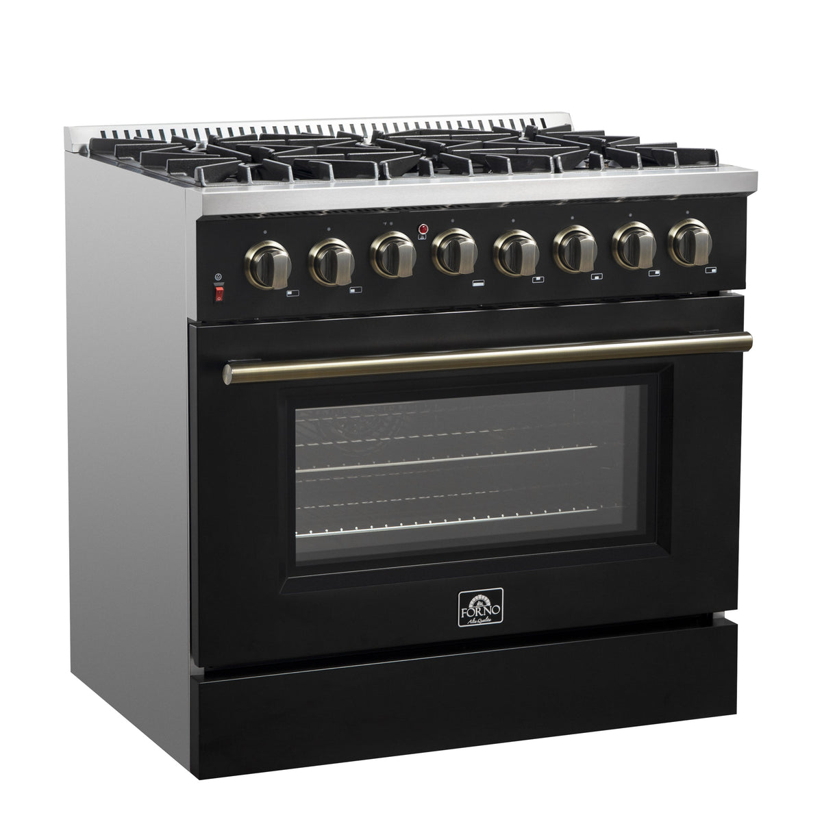 Forno Galiano 36-Inch Dual Fuel Range, 6 Sealed Brass Burners, 5.36 cu. ft. Convection Oven, Black Stainless Steel with Antique Brass Accents, Model FFSGS6156-36BLK