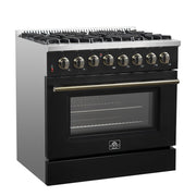 Forno Galiano 36-Inch Dual Fuel Range, 6 Sealed Brass Burners, 5.36 cu. ft. Convection Oven, Black Stainless Steel with Antique Brass Accents, Model FFSGS6156-36BLK