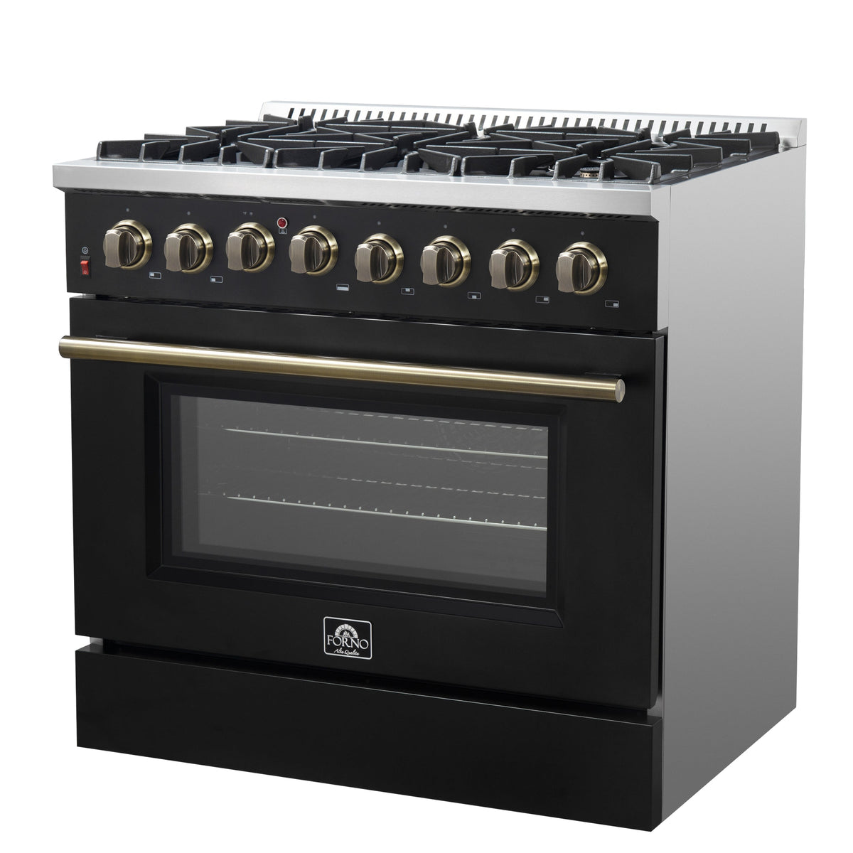 Forno Galiano 36-Inch Dual Fuel Range, 6 Sealed Brass Burners, 5.36 cu. ft. Convection Oven, Black Stainless Steel with Antique Brass Accents, Model FFSGS6156-36BLK