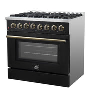 Forno Galiano 36-Inch Dual Fuel Range, 6 Sealed Brass Burners, 5.36 cu. ft. Convection Oven, Black Stainless Steel with Antique Brass Accents, Model FFSGS6156-36BLK