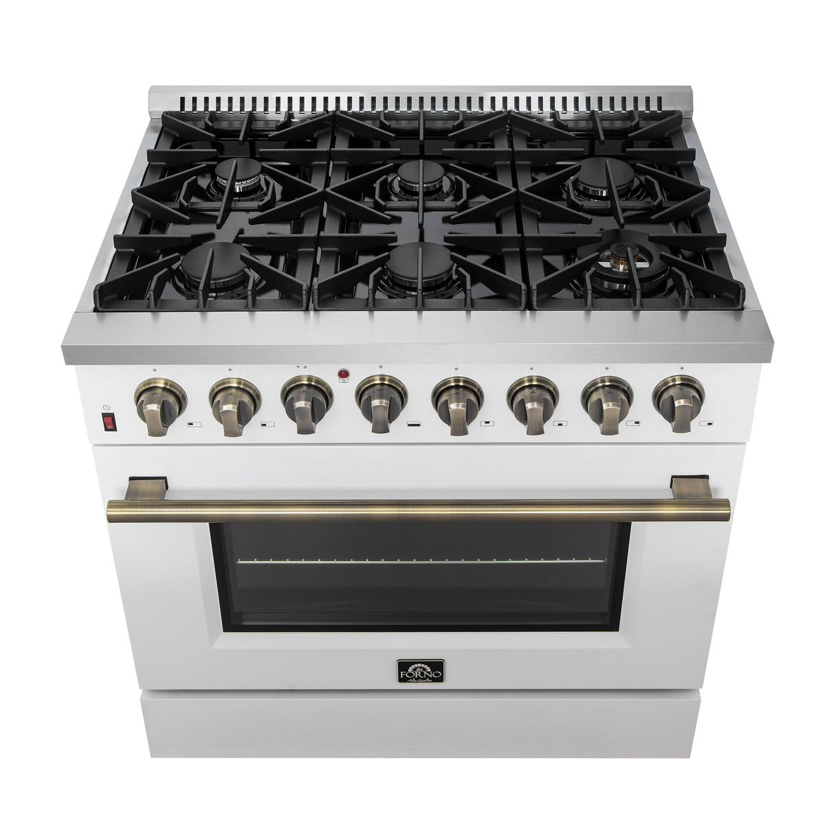 Forno Galiano 36-Inch Dual Fuel Range, 6 Sealed Brass Burners, 5.36 cu. ft. Convection Oven, White Stainless Steel with Antique Brass Accents, Model FFSGS6156-36WHT